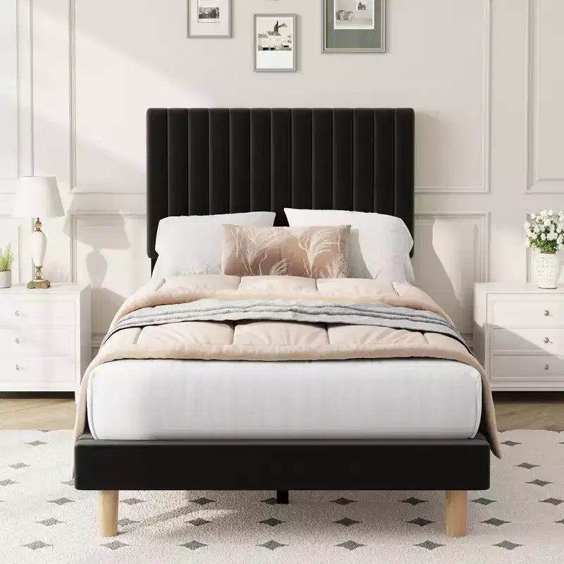 Acekool Bed Frame with Adjustable Velvet Headboard Channel Tufted Upholstered Platform Bed Wood Slats No Box Spring Needed