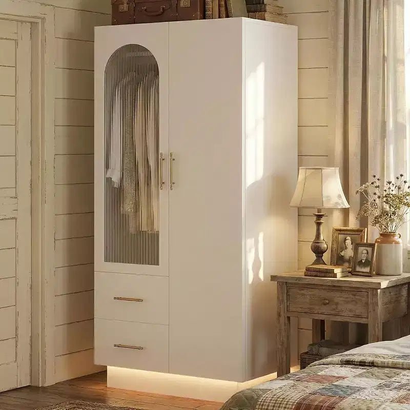 71 Tall Storage Cabinet with LED Light & 3 Door Large Wooden Storage Closet Cabinet with 2 Drawers for Large Space Bedroom