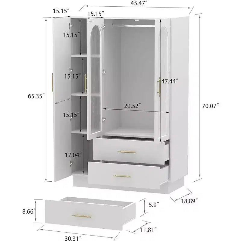 Armoire de rangement avec éclairage LED et 3 portes, grande armoire de rangement en bois