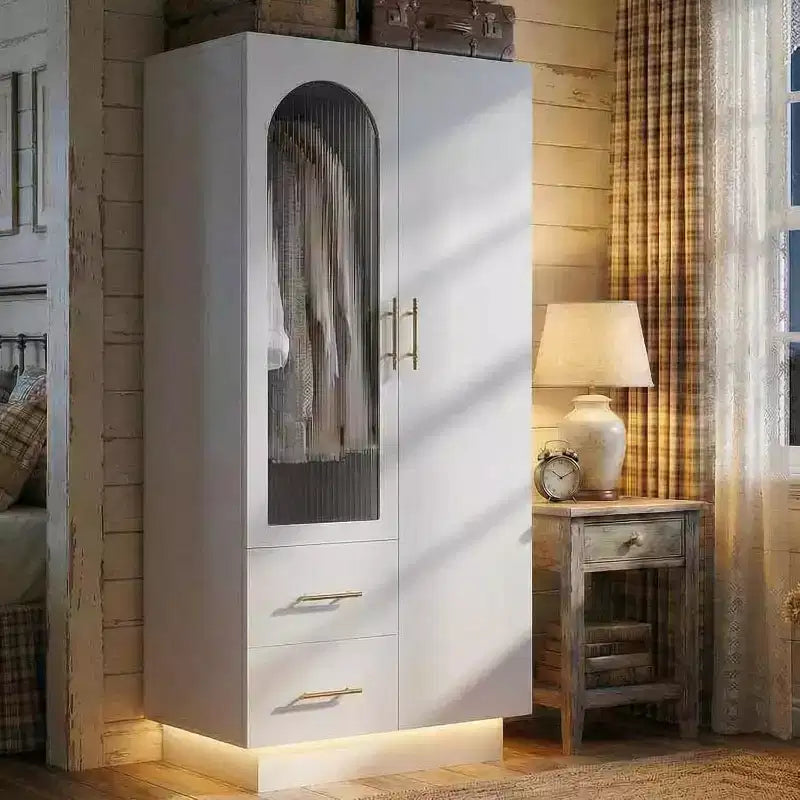 Armoire de rangement avec éclairage LED et 3 portes, grande armoire de rangement en bois