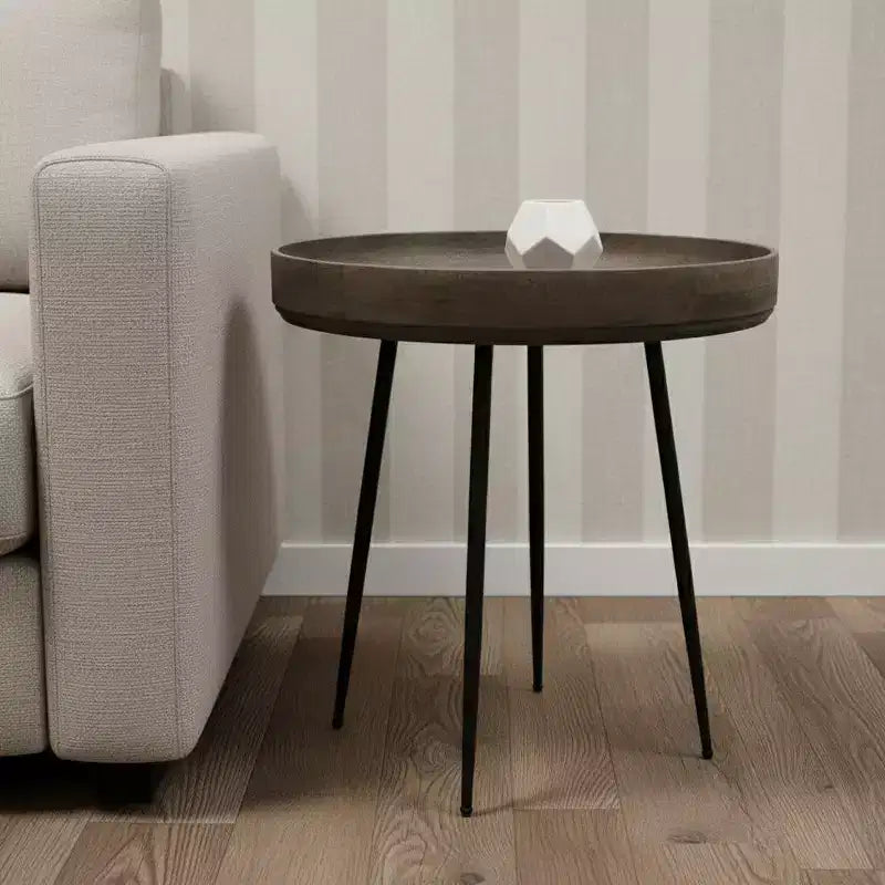 Table d'appoint ronde en bois massif et fer noir et gris
