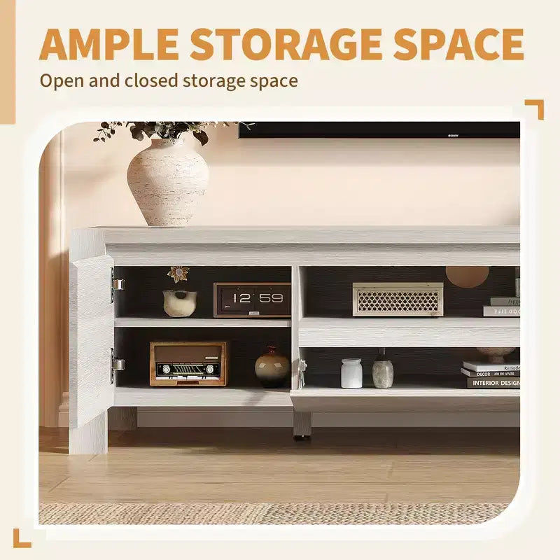 Meuble TV avec portes de rangement pour câbles et étagères réglables, console multimédia multi-scènes