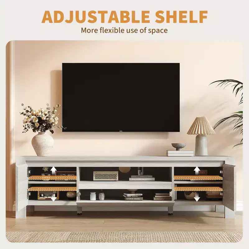 Meuble TV avec portes de rangement pour câbles et étagères réglables, console multimédia multi-scènes