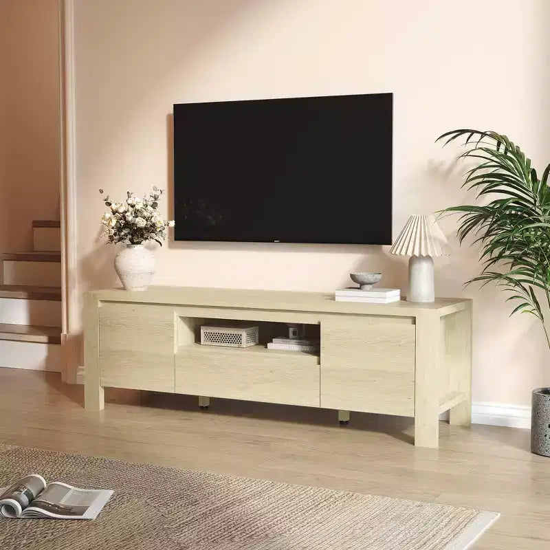 Meuble TV avec portes de rangement pour câbles et étagères réglables, console multimédia multi-scènes