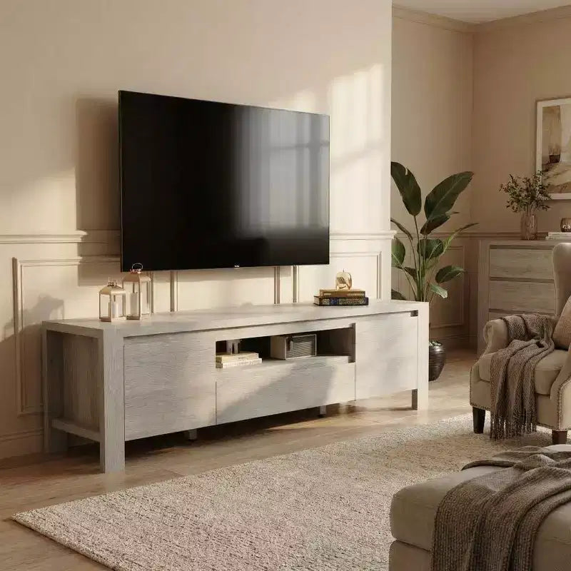 Meuble TV avec portes de rangement pour câbles et étagères réglables, console multimédia multi-scènes