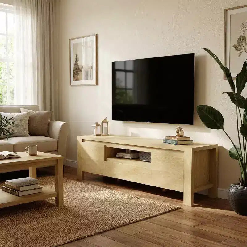 TV Stand with Cable Management - Cabinet Doors & Adjustable Shelves Multi-Scene Media Console for Living Room & Bedroom