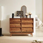JVNOXK 47-inch six-drawer double chest retro style and slanted design solid wood concealed drawer handles with storage space brown