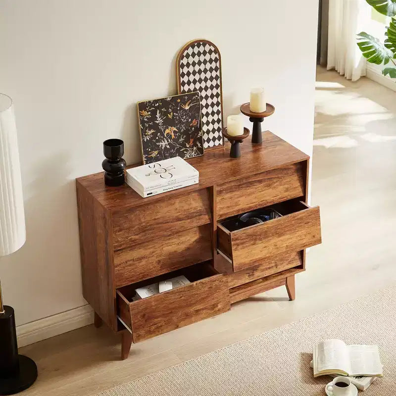 commode double à six tiroirs de style rétro et de design incliné en bois massif avec poignées de tiroir dissimulées