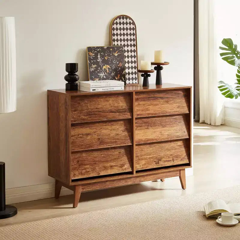 commode double à six tiroirs de style rétro et de design incliné en bois massif avec poignées de tiroir dissimulées