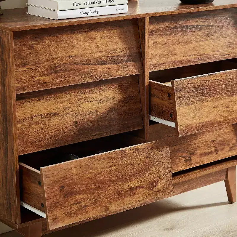 commode double à six tiroirs de style rétro et de design incliné en bois massif avec poignées de tiroir dissimulées