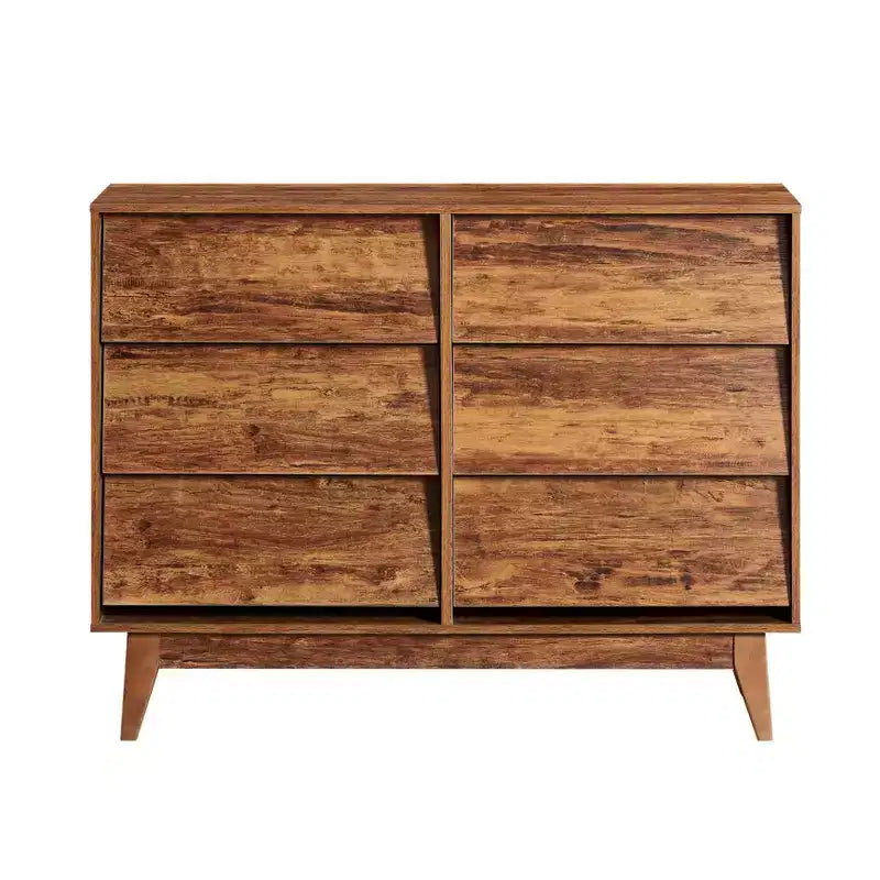 commode double à six tiroirs de style rétro et de design incliné en bois massif avec poignées de tiroir dissimulées
