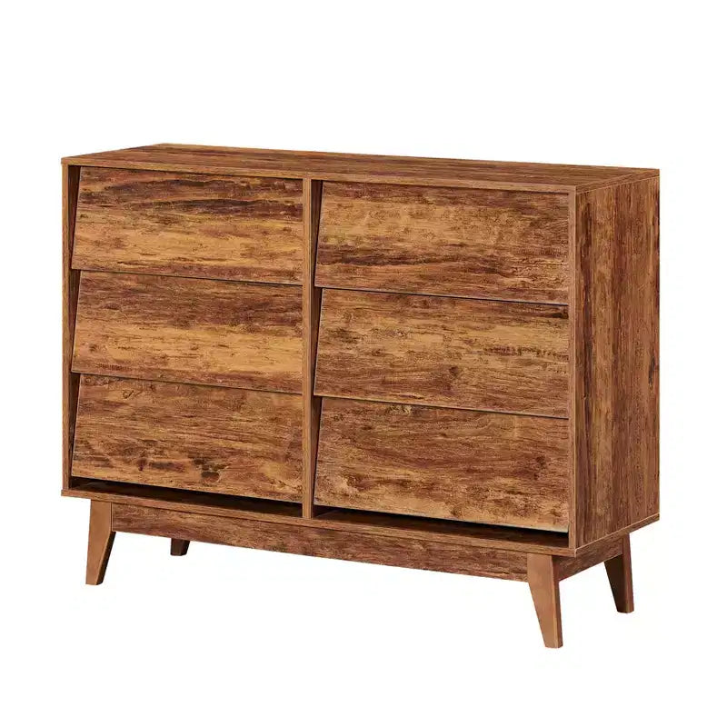 commode double à six tiroirs de style rétro et de design incliné en bois massif avec poignées de tiroir dissimulées