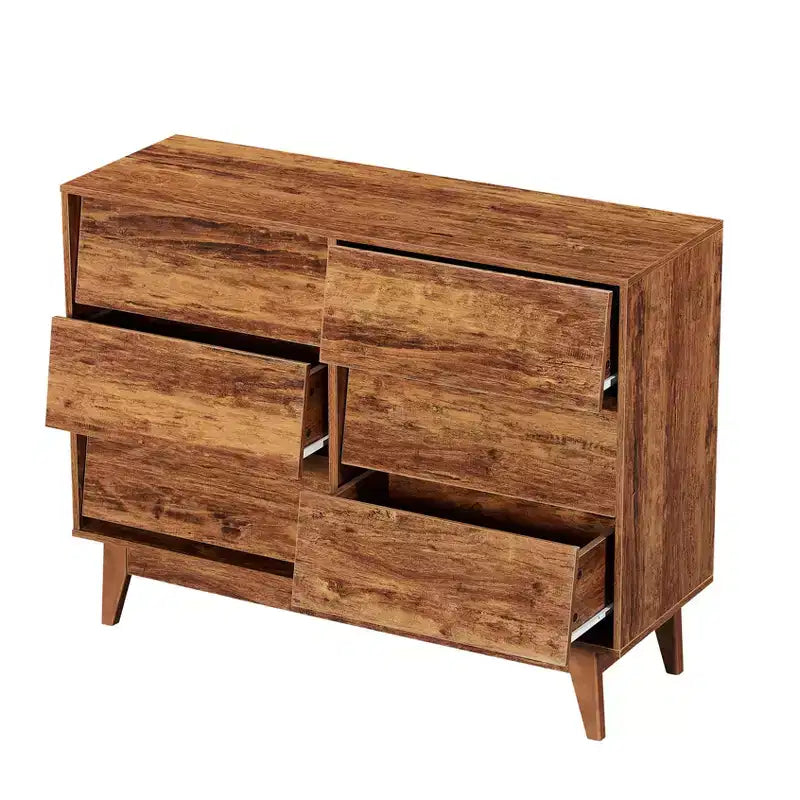 commode double à six tiroirs de style rétro et de design incliné en bois massif avec poignées de tiroir dissimulées