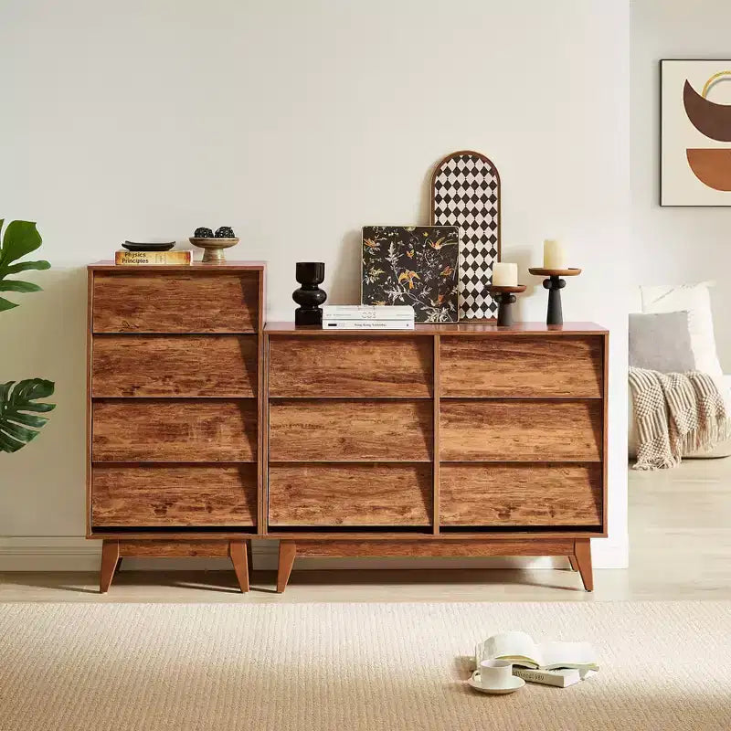commode double à six tiroirs de style rétro et de design incliné en bois massif avec poignées de tiroir dissimulées