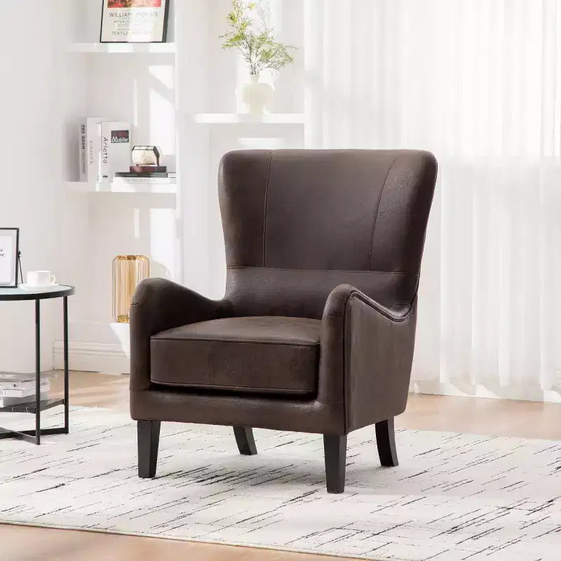 Retro PU Upholstered Accent Chair with High Back Reading Chair with Solid Wood Legs Wingback Club Chair for Living Room or Apartment-Panipeachy