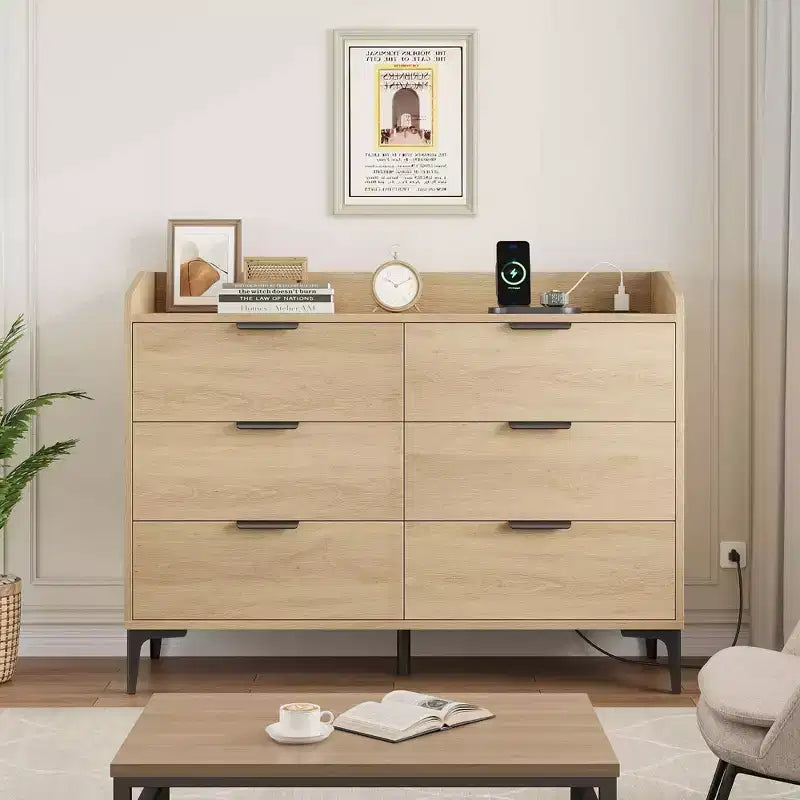 Commode moderne à 6 tiroirs avec prises de courant, meuble de rangement vertical haut pour placard