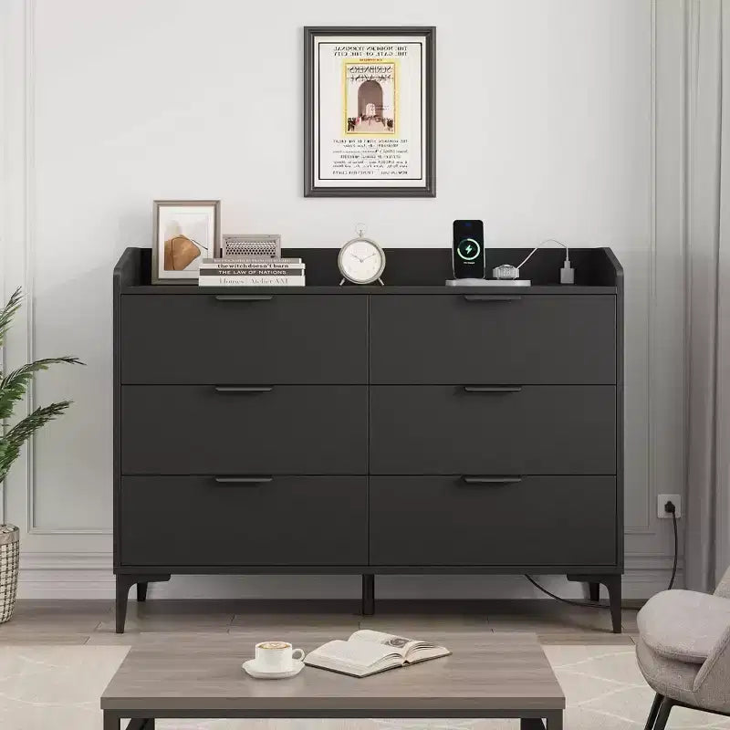 Commode moderne à 6 tiroirs avec prises de courant, meuble de rangement vertical haut pour placard