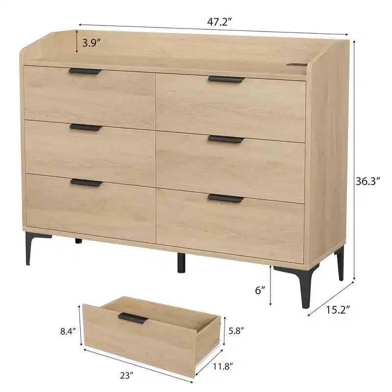 Commode moderne à 6 tiroirs avec prises de courant, meuble de rangement vertical haut pour placard