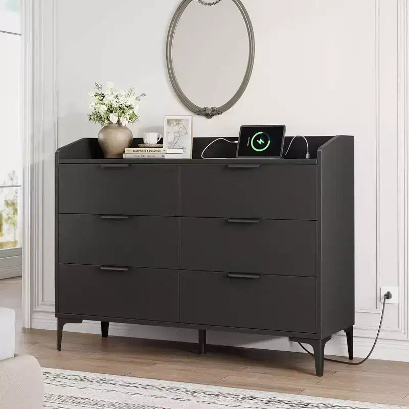 Modern 6-Drawer Dresser with Power Outlets Closet Storage Chest Tall Vertical Organizer with Adjustable Feet for Bedroom Living Room Entryway