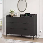 Modern 6-Drawer Dresser with Power Outlets Closet Storage Chest Tall Vertical Organizer with Adjustable Feet for Bedroom Living Room Entryway