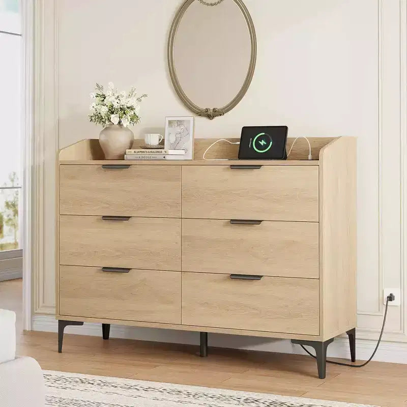 Commode moderne à 6 tiroirs avec prises de courant, meuble de rangement vertical haut pour placard