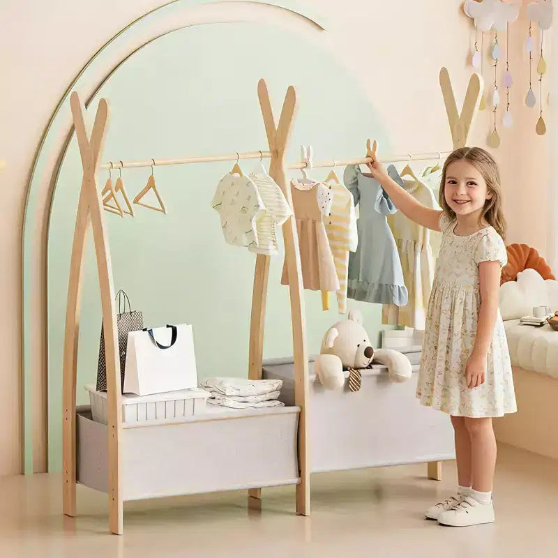 Portant à Vêtements pour Filles Double Barre de Suspension Étagères de Rangement à Deux Niveaux Deux Boîtes de Rangement