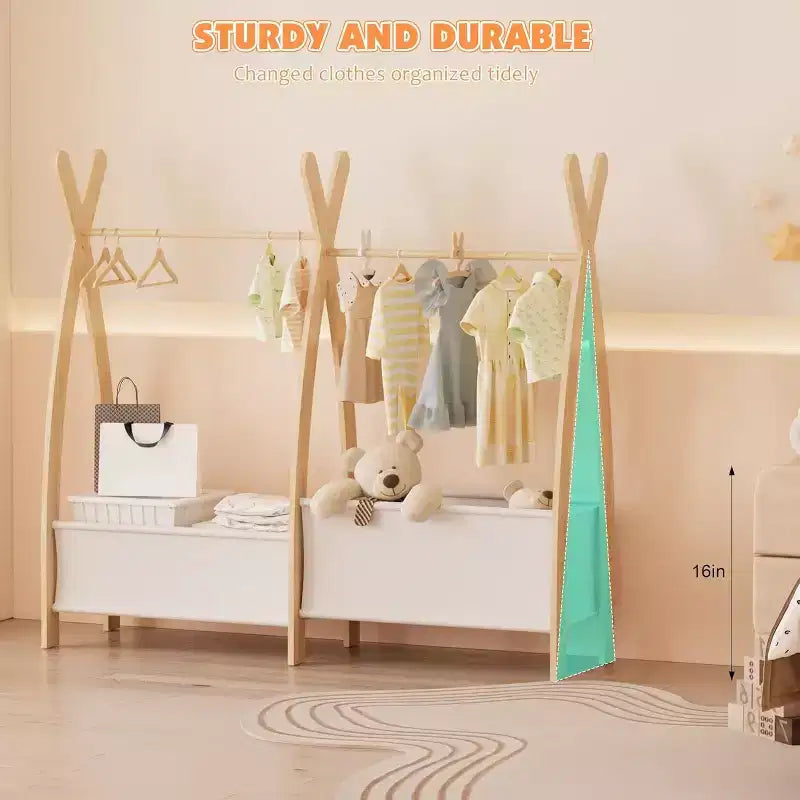 Portant à Vêtements pour Filles Double Barre de Suspension Étagères de Rangement à Deux Niveaux Deux Boîtes de Rangement