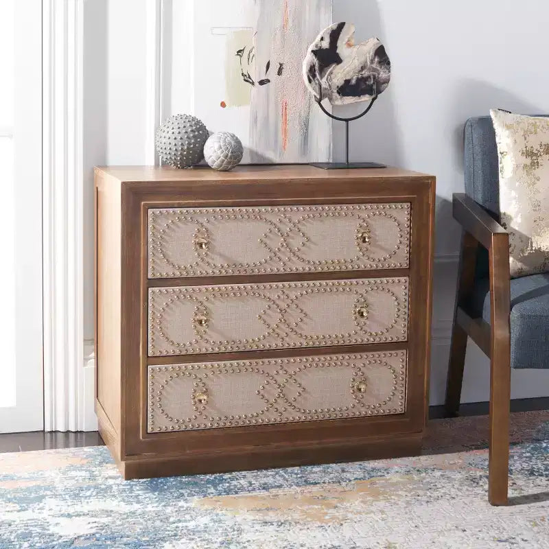 Commode 3 tiroirs Chêne rustique/Lin beige