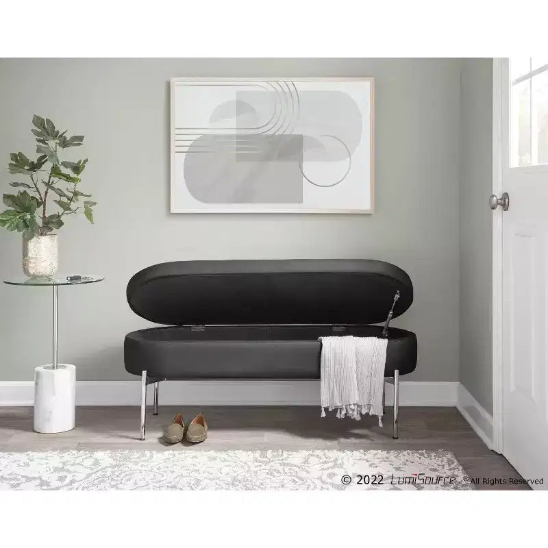 Banc de rangement en similicuir et chrome

