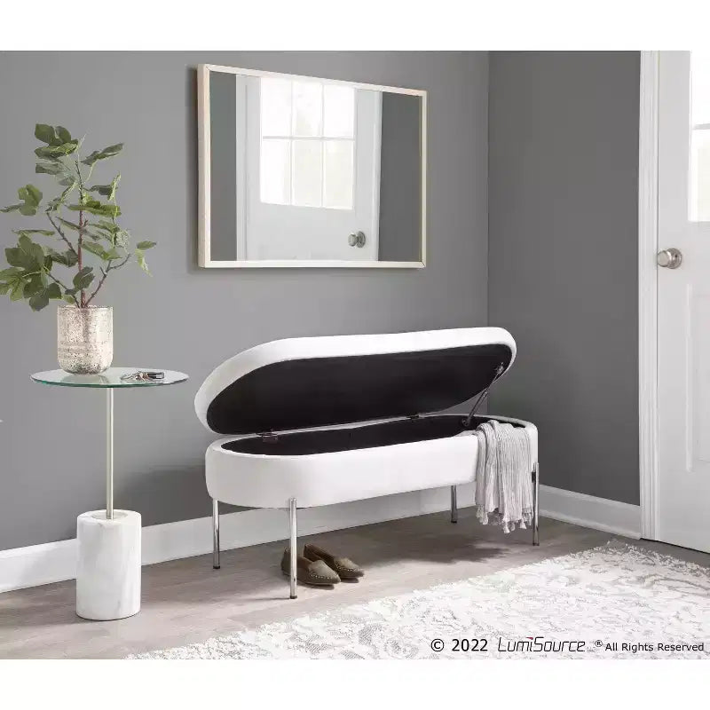 Banc de rangement en similicuir et chrome

