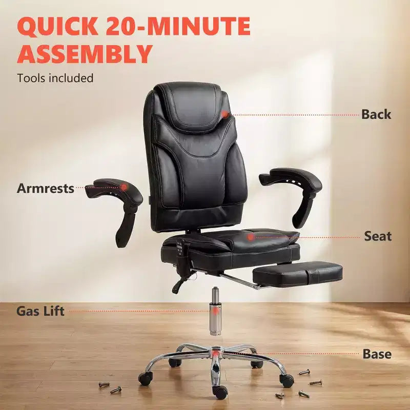 Fauteuil de bureau de massage vibrant avec chauffage, hauteur réglable, dossier haut, repose-pieds en cuir PU