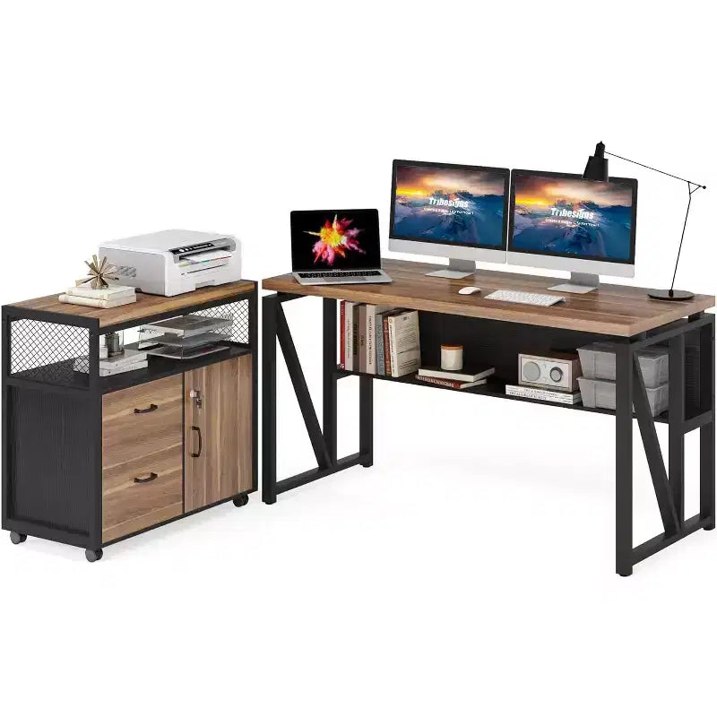 Lantine 55 inches L Shaped Computer Desk with Storage Shelves and Mobile File Cabinet Executive Desk for Home Office Furniture Sets