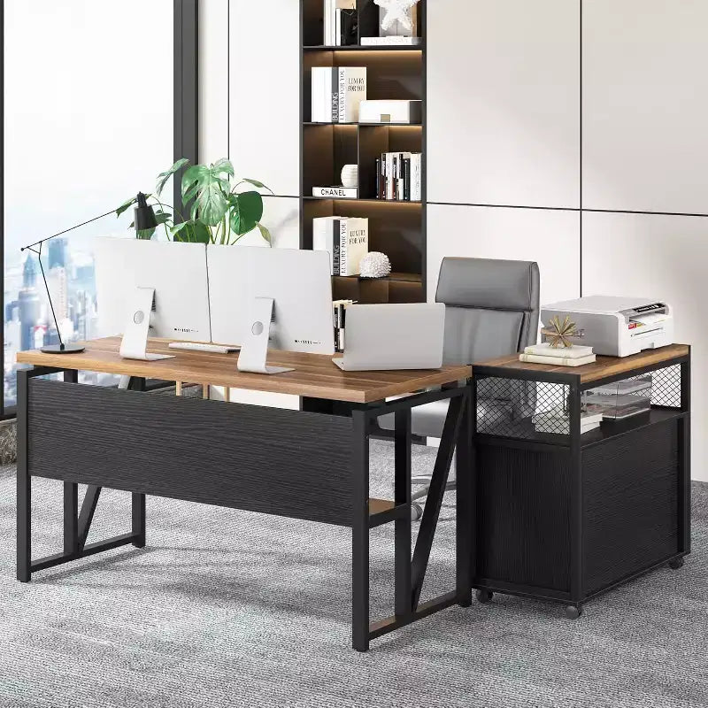 Bureau d'ordinateur en forme de L avec étagères de rangement et classeur mobile