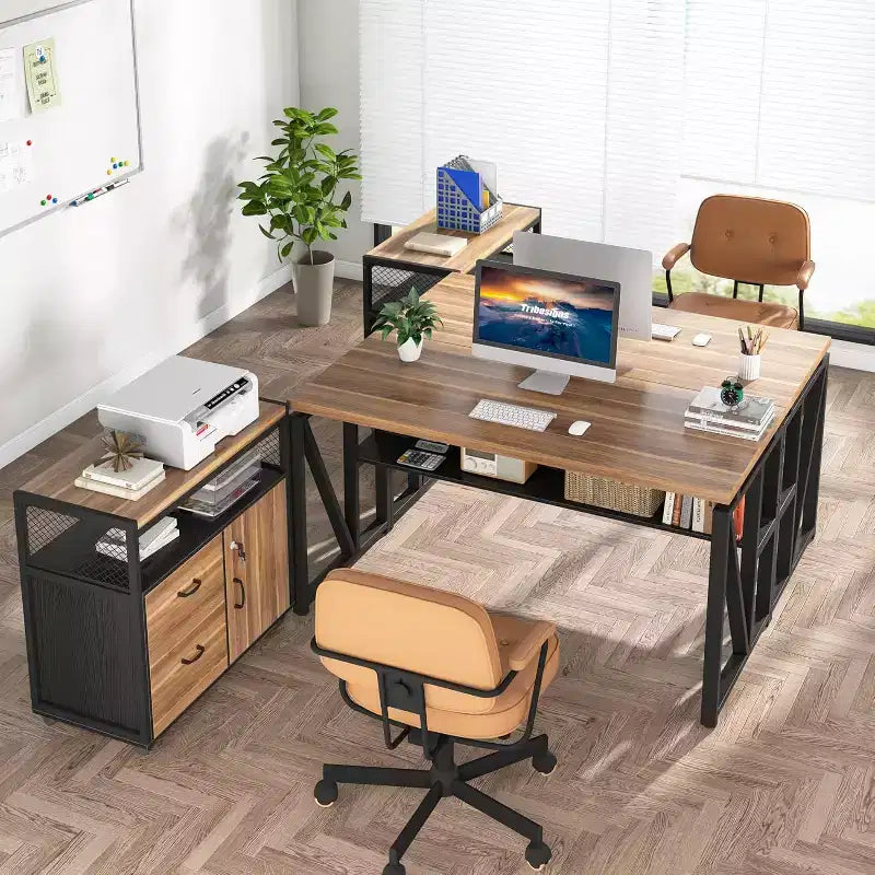 Bureau d'ordinateur en forme de L avec étagères de rangement et classeur mobile