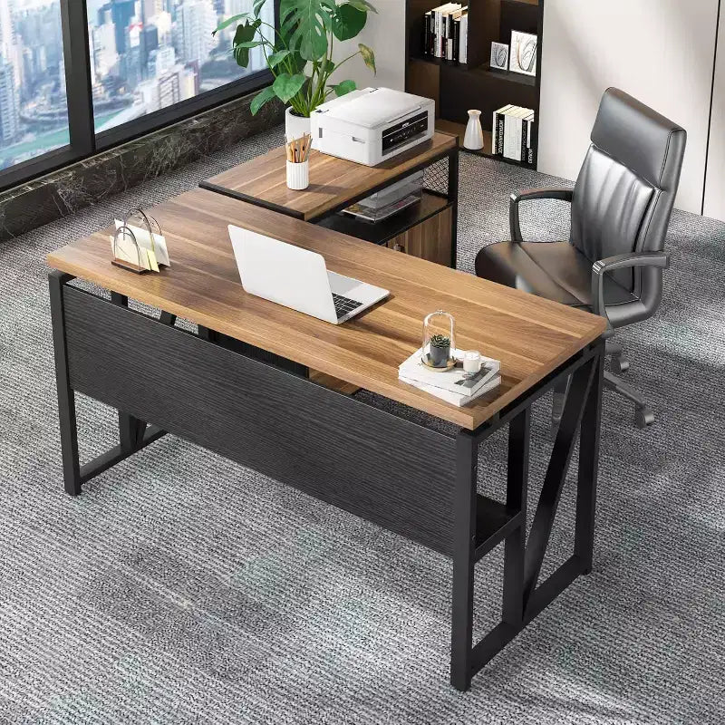 Bureau d'ordinateur en forme de L avec étagères de rangement et classeur mobile