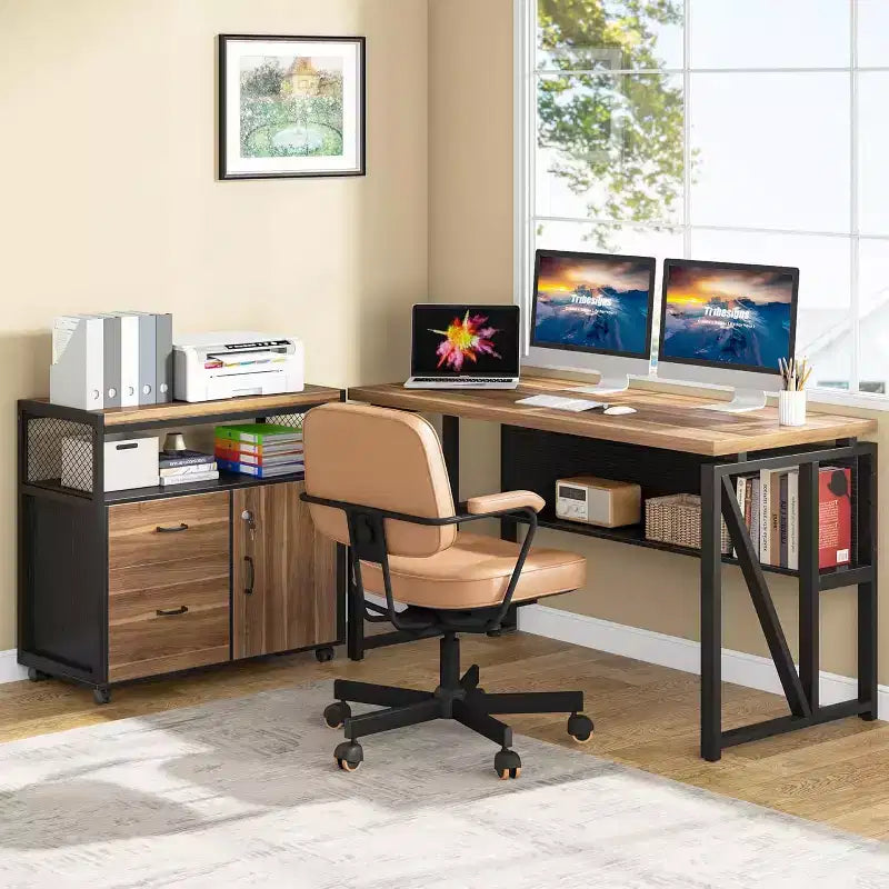 Bureau d'ordinateur en forme de L avec étagères de rangement et classeur mobile